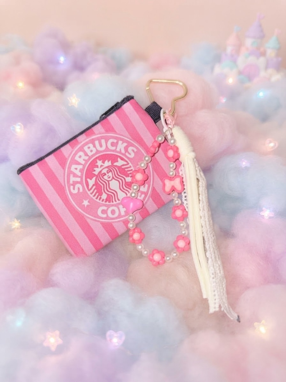 Starbucks Pink Striped Coin Pouch Keychain with Beaded Bracelet and Cream Tassel